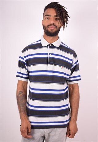 TOMMY HILFIGER MENS VINTAGE POLO SHIRT LARGE BLUE STRIPES 90