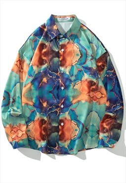 Marble pattern shirt geometric long sleeve blouse in blue