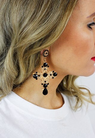 BIG BLACK STONE GOLD CROSS DANGLE DROP EARRINGS