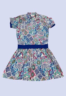 Vintage Multicoloured Tile Pattern Casual Midi Shirt Dress