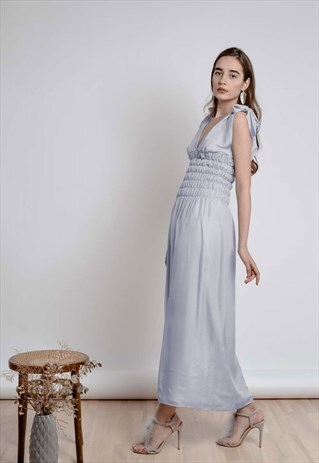 BABY BLUE ANKLE LENGTH SMOCKING SLEEVELESS BRIDESMAID DRESS