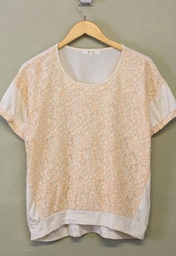 Vintage Y2K Floral Lace Top Cream With Patterns Short Sleeve