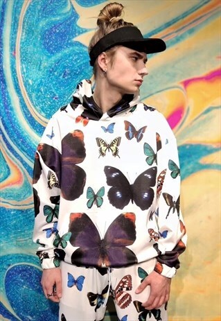 BUTTERFLY HOODIE HANDMADE CARTOON EMOJI PULLOVER WHITE