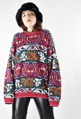 VINTAGE 90S HANDKNITTED LEAF DESIGN COSY BOYFRIEND SWEATER