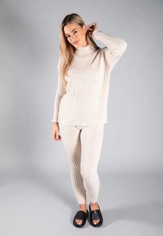 JUSTYOUROUTFIT KNITTED ROLL NECK CO-ORD SET IN BEIGE