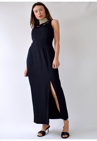 VINTAGE 80S 90S BLACK THIGH SPLIT CUTOUT MIDI DRESS