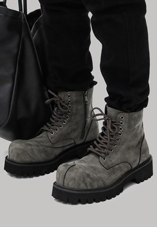 Suede platform boots faux leather catwalk ankle shoes grey
