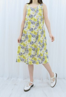 90s Vintage Yellow & Grey Floral Midi Dress