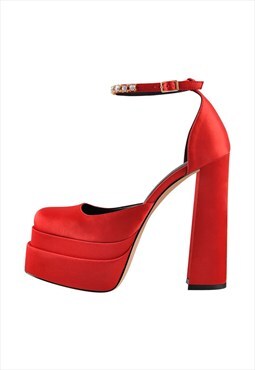 Red Rhinestone Double Platform Ankle Rhinestone Strap Chunky