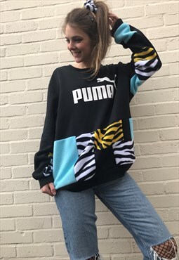 Reworked Black Colourblocked Animal Print Puma Sweater