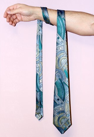 VINTAGE RETRO OLDSCHOOL 80S AZTEC BLUE & GREEN PRINT TIE