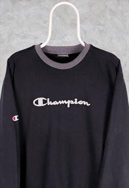 Vintage Champion Sweatshirt Spell Out Black Grey XL