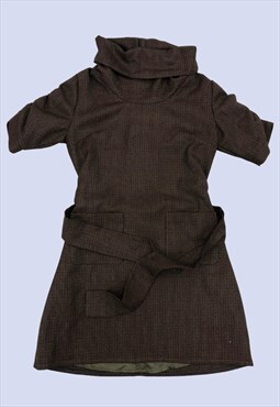 Brown Textured Roll High Neck Belted Mini Jumper Dress