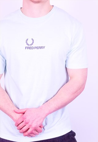 VINTAGE FRED PERRY SPELL OUT T-SHIRT IN BABY BLUE