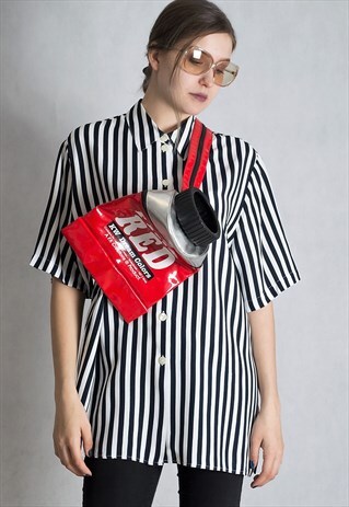 VINTAGE 90S STRIPY WOMENS SHORT SLEEVE COLLAR SHIRT