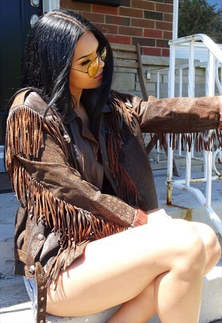 BROWN LEATHER CONCHO TASSELED BOHO 80'S JACKET