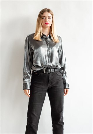 VINTAGE 80S MINIMAL SILVER PARTY SHIRT IN LONG SLEEVE
