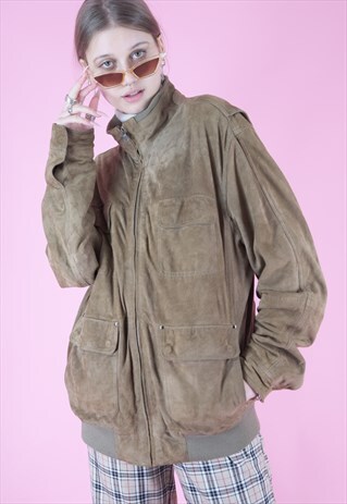 VINTAGE LEATHER JACKET BOMBER IN FADED BROWN WITH ZIPPER