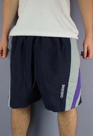 VINTAGE ADIDAS SHORTS IN NAVY WITH POCKETS, EMBROIDERED LOGO