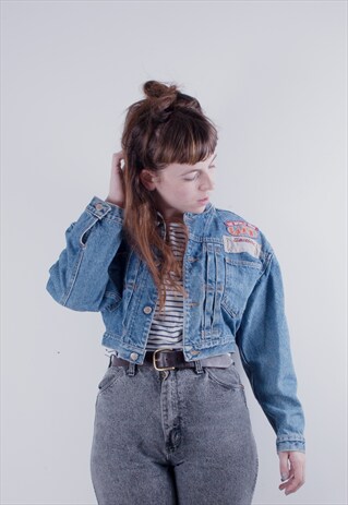 VINTAGE CROPPED DENIM PATCH BACK PRINT JACKET