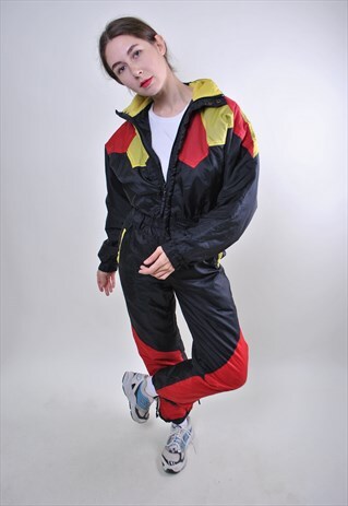 RETRO BLACK SKI SUIT, WOMAN VINTAGE MULTICOLOR SNOW SUIT
