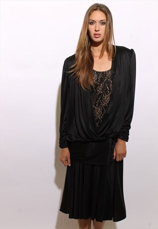 VINTAGE 1980'S 80'S DROP WAIST DECO STYLE BLACK DRESS XL
