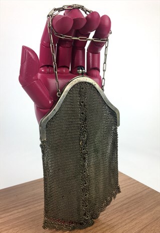 20'S VINTAGE FLAT METAL MESH BAG-BLUE GLASS-ART DECO/GATSBY