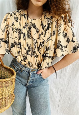 VINTAGE 80S ABSTRACT PRINT DRAPED HAUTE BOHEME BLOUSE TOP
