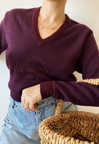 VINTAGE 80S BOSSINI LOGO KNIT EGGPLANT PURPLE JUMPER