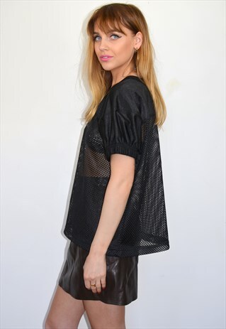 VINTAGE 90S BLACK SEE-THROUGH MESH SPORT JERSEY TOP T-SHIRT