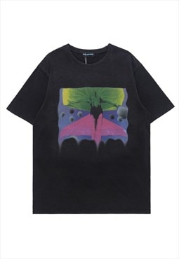 Abstract print t-shirt graffiti top rainbow tee in black