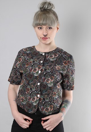 VINTAGE 80S PAISLEY FLORAL PATTERNED CROPPED BUTTON TOP