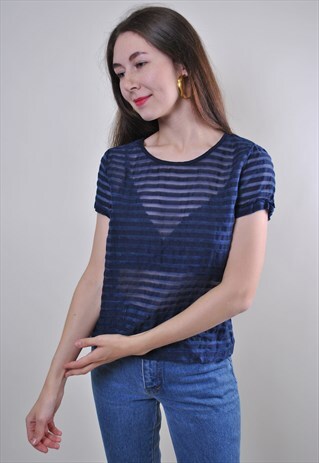 VINTAGE WOMAN TRANSPARENT BLUE STRIPED PULLOVER BLOUSE