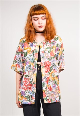 VINTAGE 90'S COLOURFUL FRUIT & FLORAL PRINT SHIRT BLOUSE