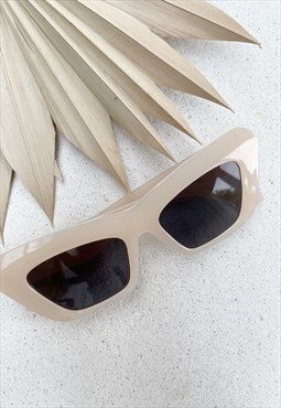 Beige Cream Narrow 90s Black Cat Eye  Retro Sunglasses