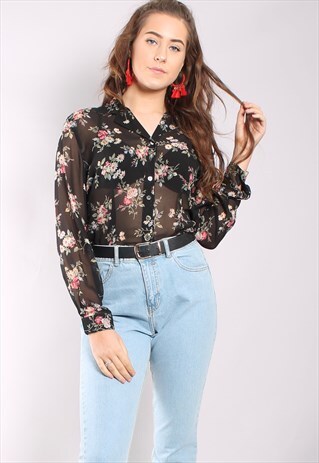 VINTAGE 80S FLORAL SILK SHEER BLOUSE