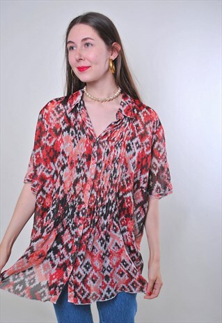 VINTAGE RED AZTEC NATIONAL PRINT TRANSPARENT SUMMER BLOUSE