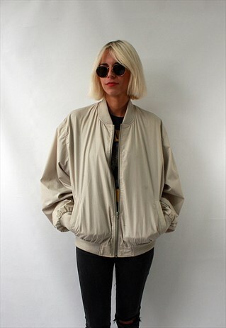 VINTAGE 80' BEAUTIFUL BEIGE BOMBER JACKET ZIP WITH POCKETS