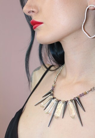 90S VINTAGE SPIKE & JEWELL BEADED METAL NECKLACE GRUNGE