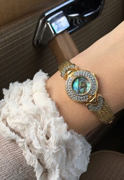 Vintage 90s Diamante Gold Tone Quartz Stretchy Wrist Watch