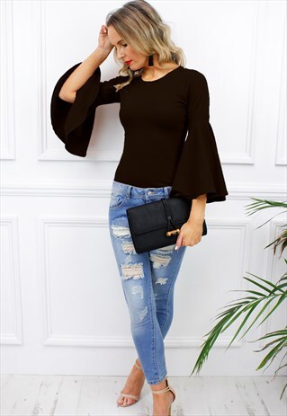 BLACK BELL RUFFLE LONG SLEEVE BLOUSE SHIRT TOP