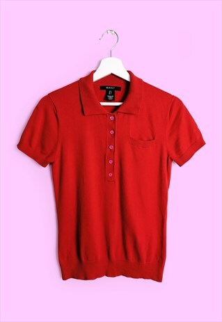 VINTAGE 90'S KNIT SHORT SLEEVES POLO NECK TOP IN RED