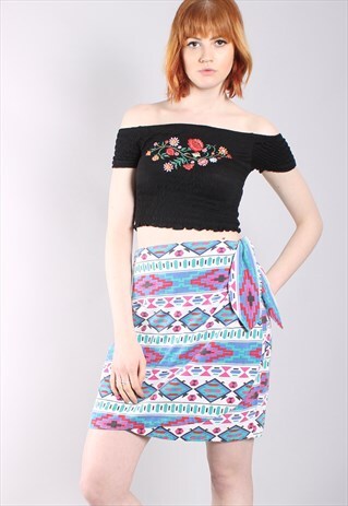 VINTAGE 80S AZTEC PATTERNED WRAP MINI SKIRT