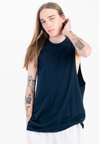 SLEEVELESS T-SHIRT WITH EXTREME DROPPED ARMHOLE IN NAVY BLUE