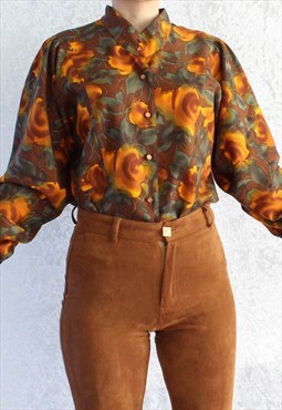 Vintage Blouse Long Sleeves Flowers T602 Size S Orange