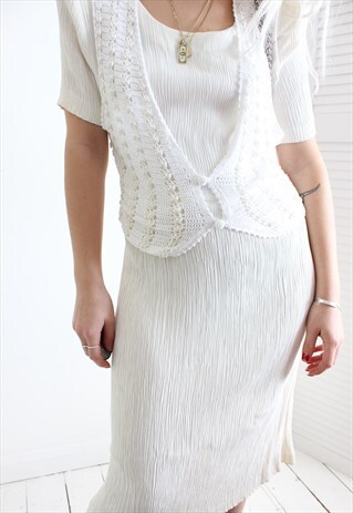 VINTAGE 80S CREAM CRINKLE CROCHET WAISTCOAT DRESS