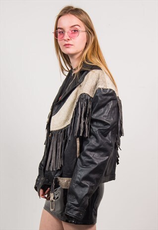 VINTAGE 90'S BLACK LEATHER TASSEL FRINGE JACKET