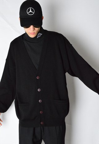 VINTAGE 90S BLACK MINIMALIST WOOL BLEND CARDIGAN