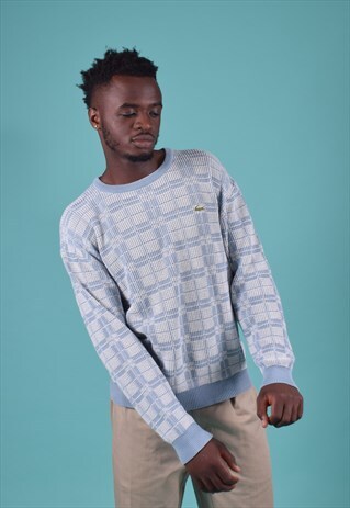 VINTAGE CHEMISE LACOSTE WHITE AND INDIGO KNITTED JUMPER