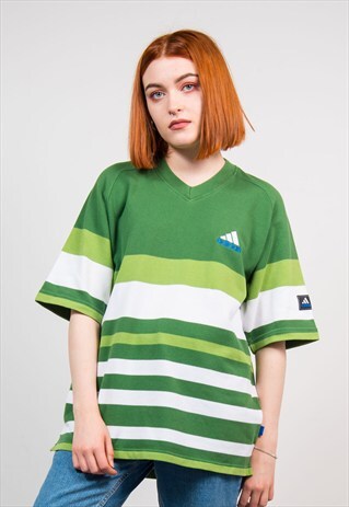 90'S ADIDAS GREEN STRIPED V-NECK T-SHIRT